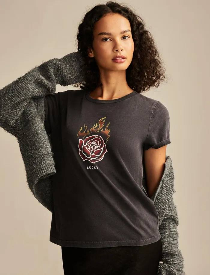Lucky Brand Graphic Tees Women Lucky Fire Rose Classic Crew Caviar