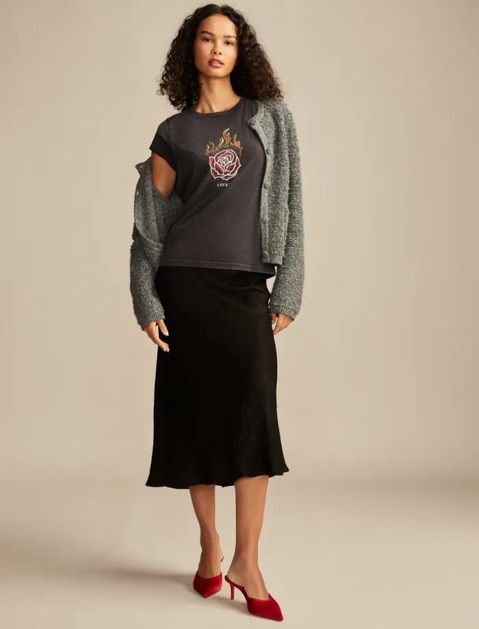 Lucky Brand Graphic Tees Women Lucky Fire Rose Classic Crew Caviar