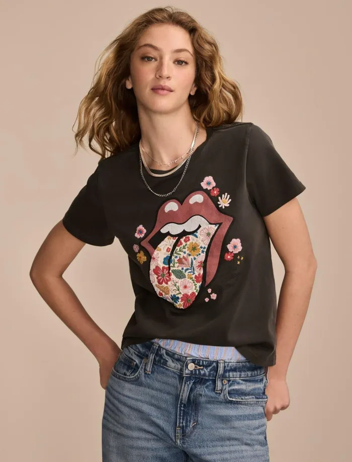 Lucky Brand Graphic Tees Women Rolling Stones Floral Tongue Classic Crew Jet Black