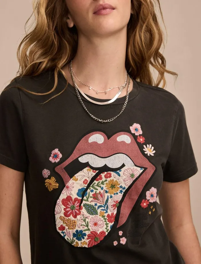 Lucky Brand Graphic Tees Women Rolling Stones Floral Tongue Classic Crew Jet Black