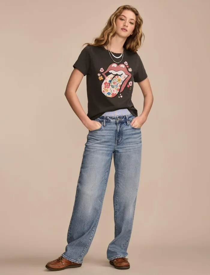 Lucky Brand Graphic Tees Women Rolling Stones Floral Tongue Classic Crew Jet Black