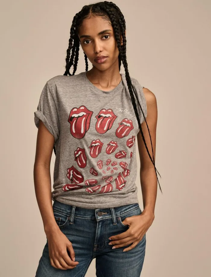 Lucky Brand Graphic Tees Women Rolling Stones Spiral Boyfriend Tee Medium Heather Grey