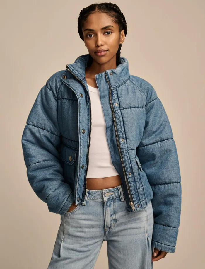 Lucky Brand Jackets and Outerwear Women Denim Puffer Jacket Bright Side Wash
