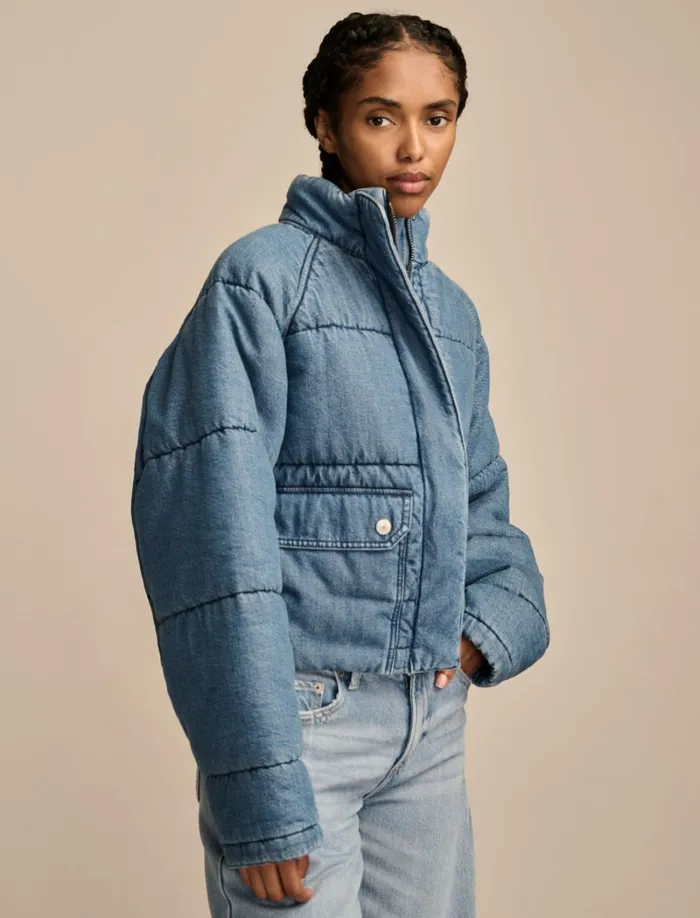 Lucky Brand Jackets and Outerwear Women Denim Puffer Jacket Bright Side Wash