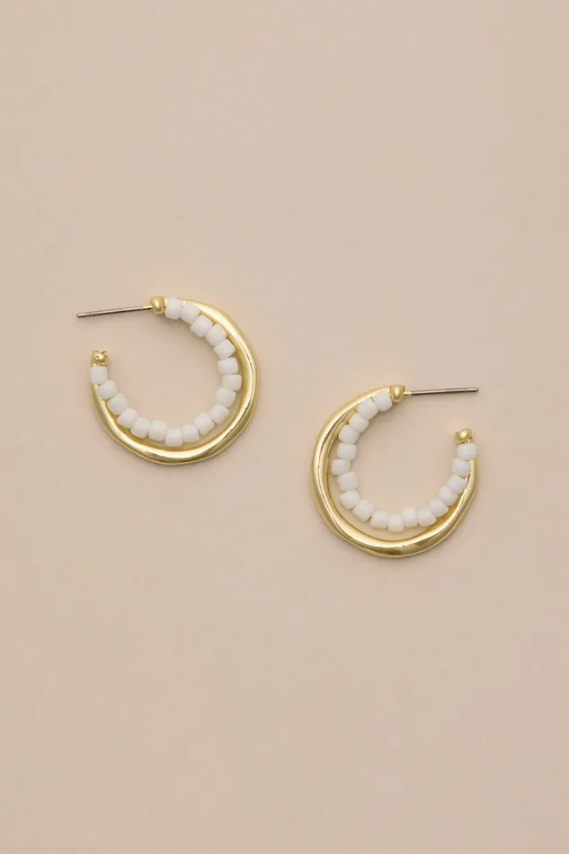 Lucky Brand Jewelry Women Double Beaded Hoop Earrings Gold