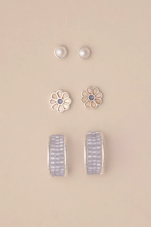 Lucky Brand Jewelry Women Inlay Daisy Stone Earring Trio Silver