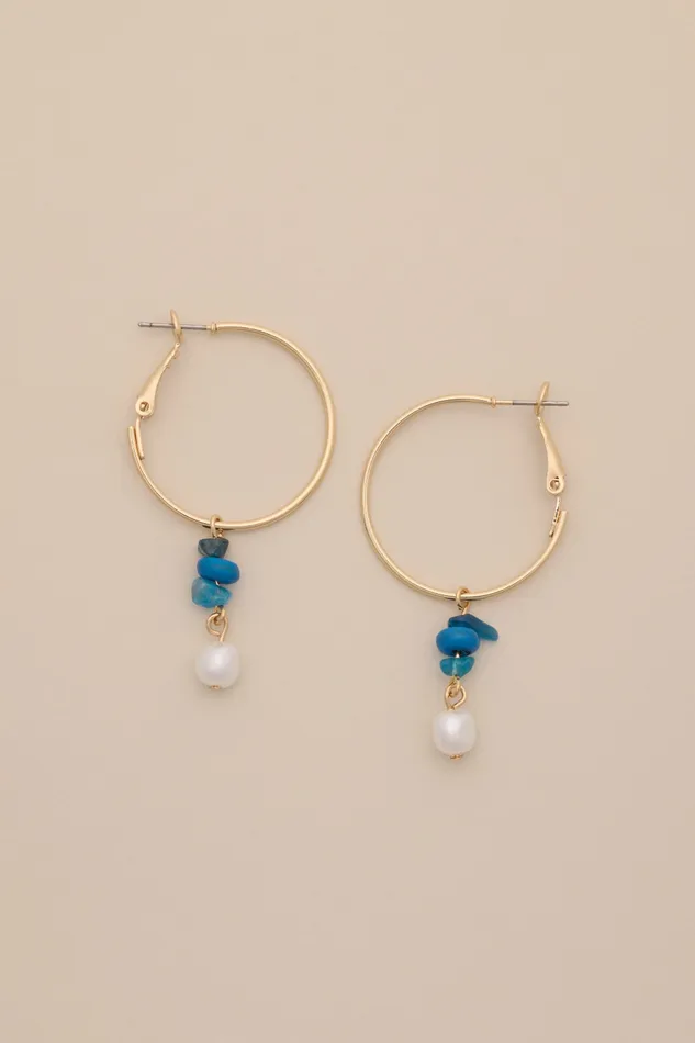 Lucky Brand Jewelry Women Turquoise And Pearl Hoop Earrings Gold