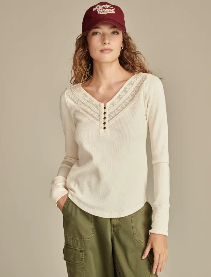 Lucky Brand Knit Tops Women Embroidered Mesh Yoke Henley Whisper White