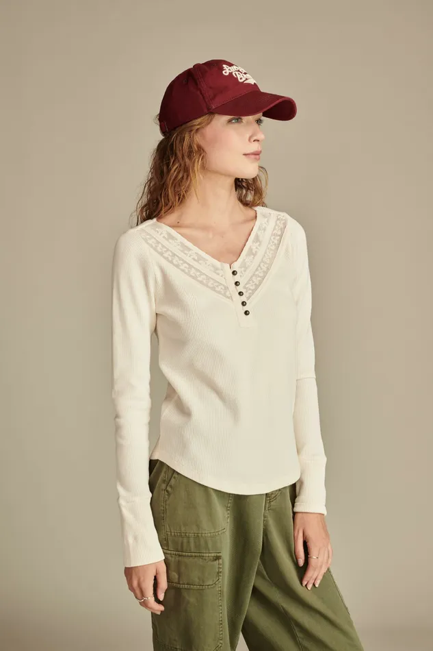 Lucky Brand Knit Tops Women Embroidered Mesh Yoke Henley Whisper White