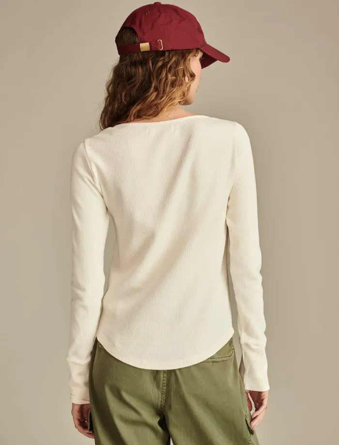 Lucky Brand Knit Tops Women Embroidered Mesh Yoke Henley Whisper White
