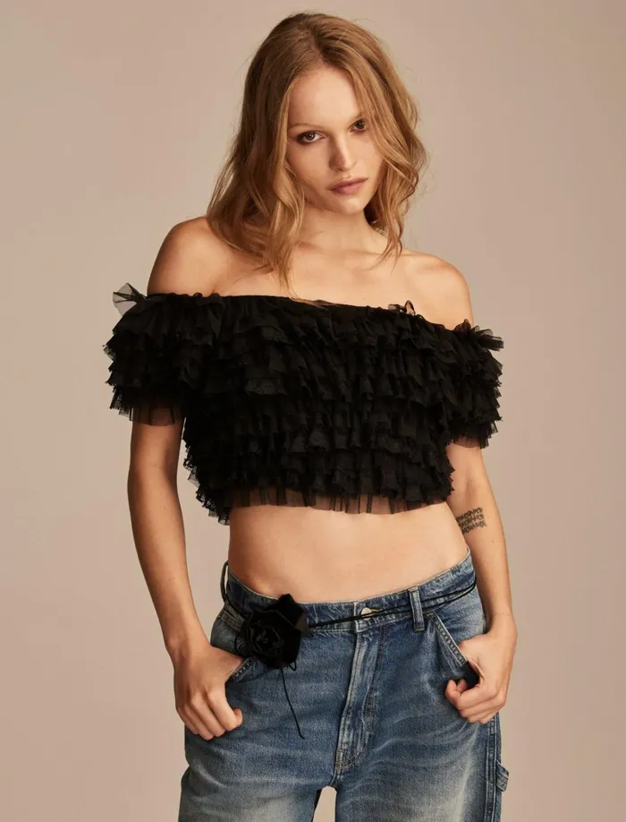 Lucky Brand Knit Tops Women Layered Mesh Party Top Meteorite