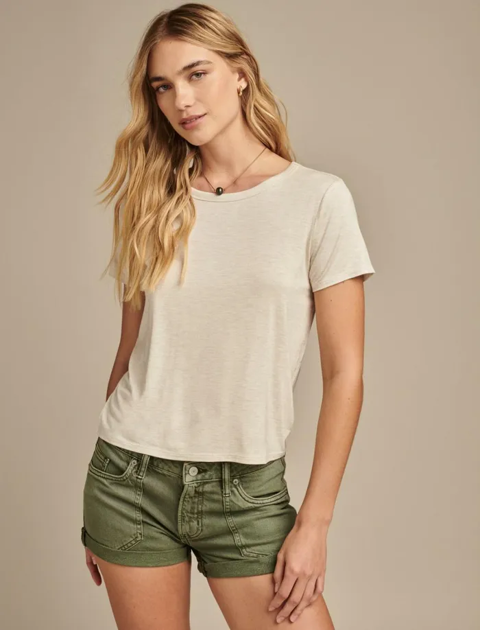 Lucky Brand Knit Tops Women Relaxed Crew Neck Tee Straw Heather