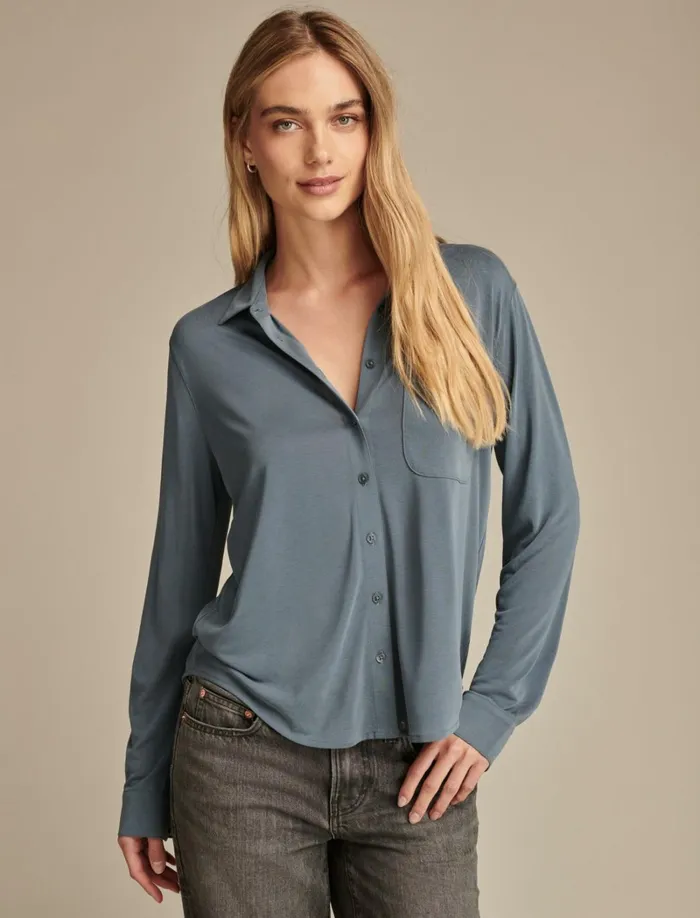 Lucky Brand Knit Tops Women Sandwash Long Sleeve Button Front Dark Denim