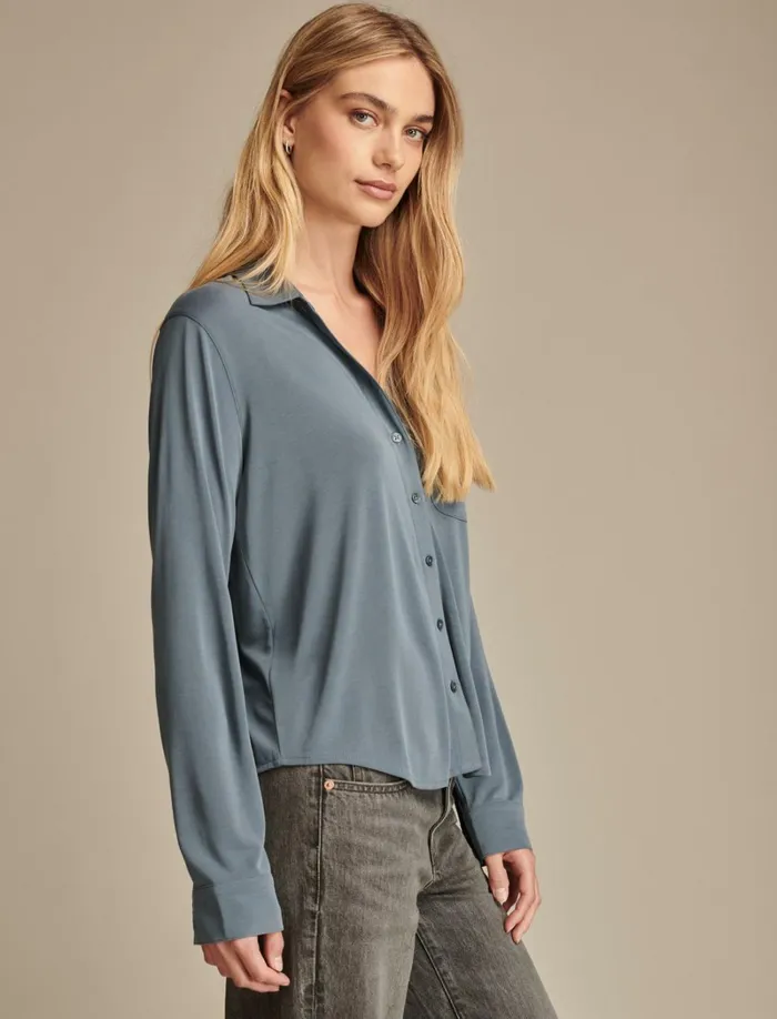 Lucky Brand Knit Tops Women Sandwash Long Sleeve Button Front Dark Denim