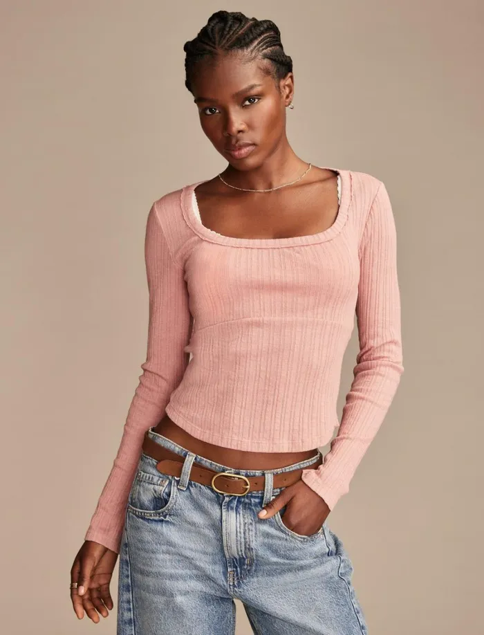 Lucky Brand Knit Tops Women Seamed Scoopneck Long Sleeve Top Ash Rose