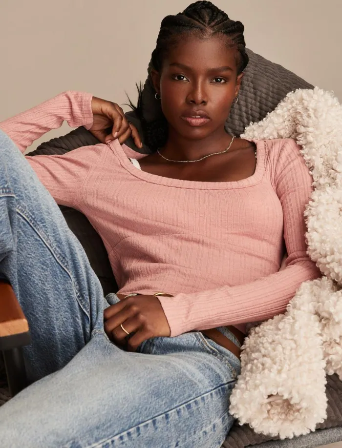 Lucky Brand Knit Tops Women Seamed Scoopneck Long Sleeve Top Ash Rose