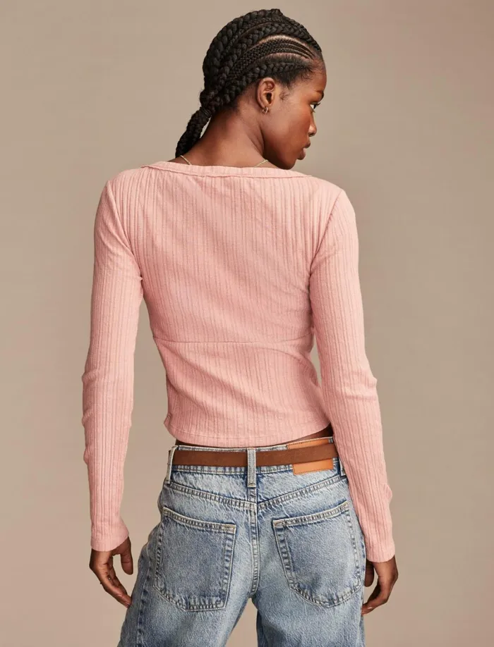 Lucky Brand Knit Tops Women Seamed Scoopneck Long Sleeve Top Ash Rose