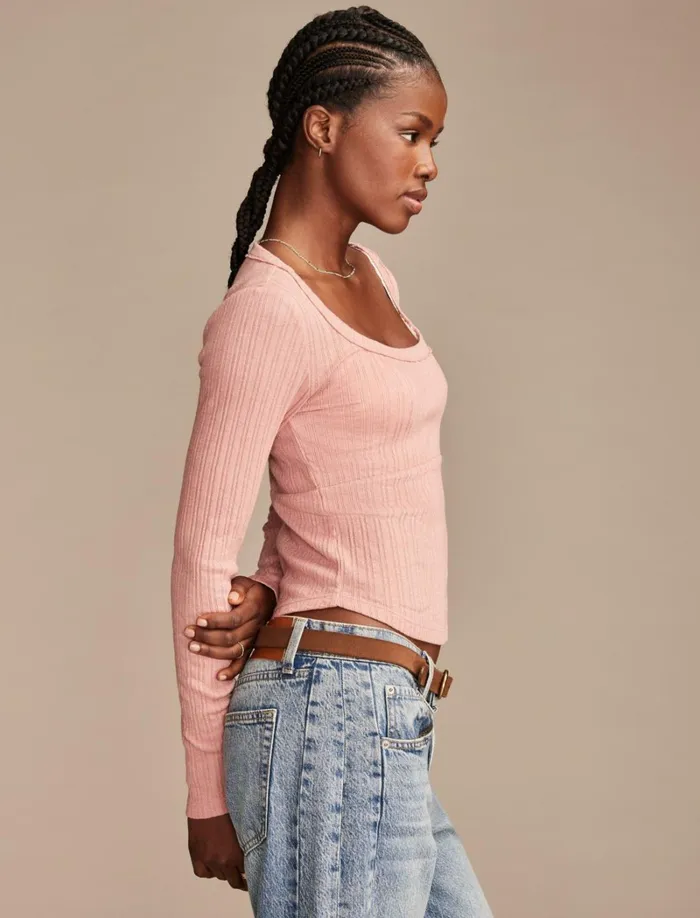 Lucky Brand Knit Tops Women Seamed Scoopneck Long Sleeve Top Ash Rose