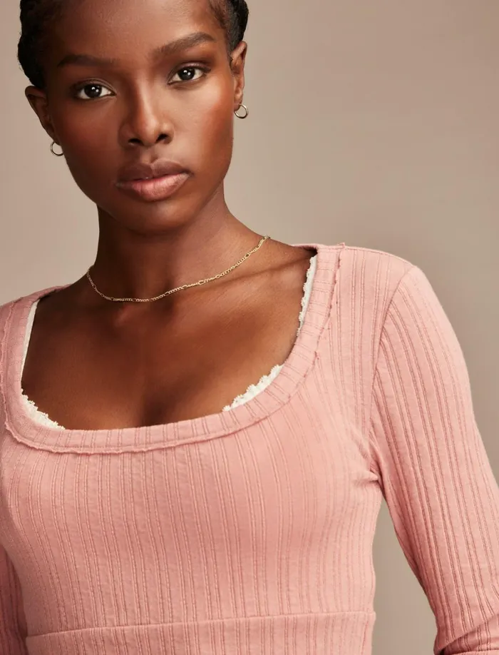 Lucky Brand Knit Tops Women Seamed Scoopneck Long Sleeve Top Ash Rose