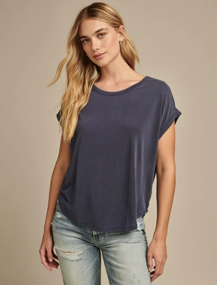 Lucky Brand Knit Tops Women Short Sleeve Sandwash Dolman Tee Navy