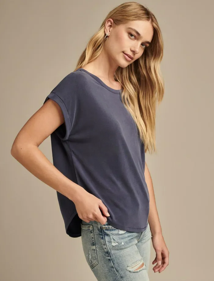 Lucky Brand Knit Tops Women Short Sleeve Sandwash Dolman Tee Navy