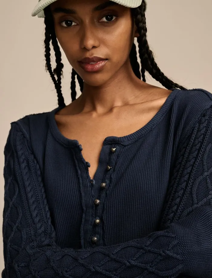 Lucky Brand Knit Tops Women Textured Mixed Sleeve Henley Dress Blues
