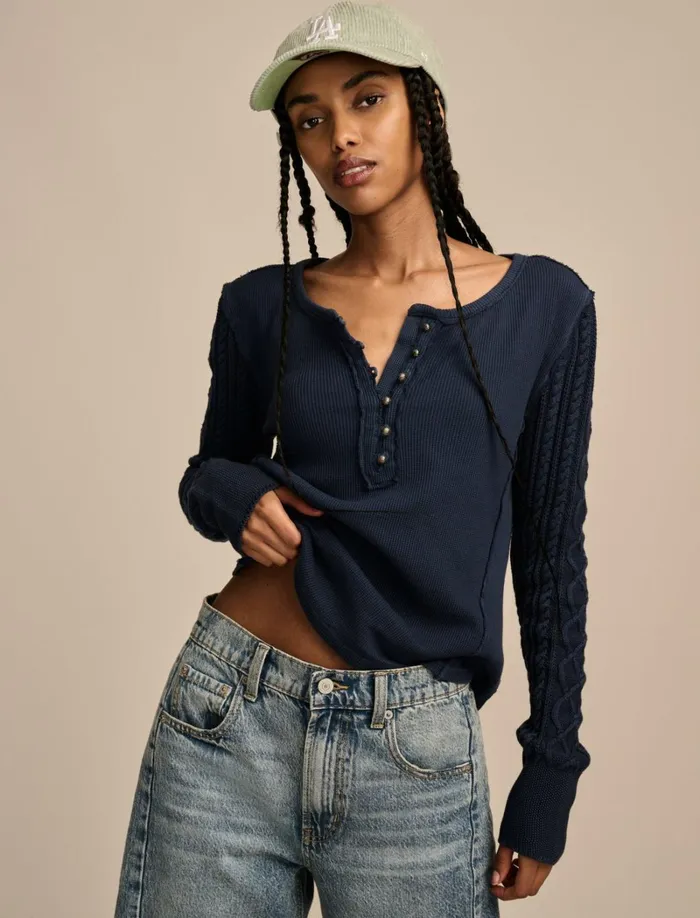 Lucky Brand Knit Tops Women Textured Mixed Sleeve Henley Dress Blues