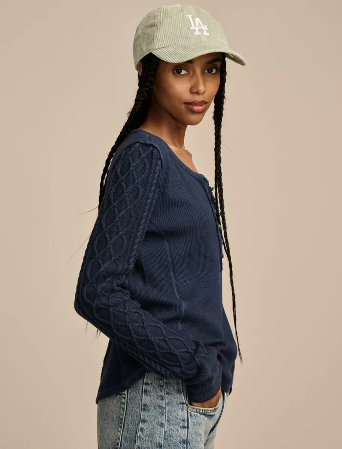 Lucky Brand Knit Tops Women Textured Mixed Sleeve Henley Dress Blues