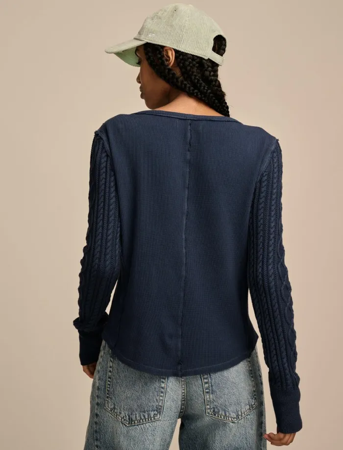 Lucky Brand Knit Tops Women Textured Mixed Sleeve Henley Dress Blues