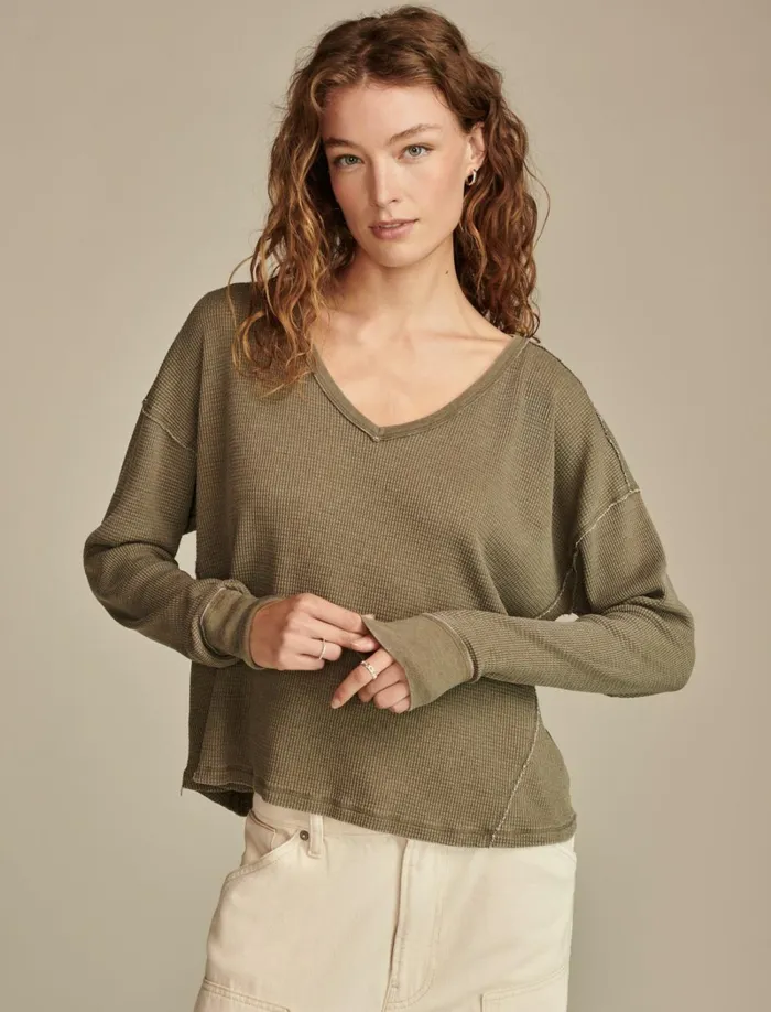 Lucky Brand Knit Tops Women V Neck Long Sleeve Top Olive Night