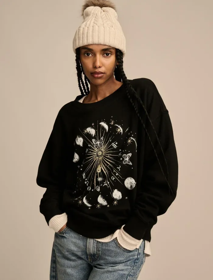 Lucky Brand Sweaters and Sweatshirts Women Sun And Moon Crew Neck Fleece Jet Black