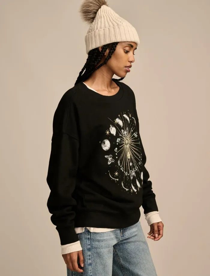 Lucky Brand Sweaters and Sweatshirts Women Sun And Moon Crew Neck Fleece Jet Black