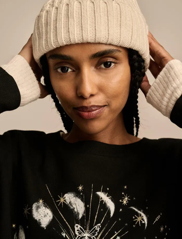 Lucky Brand Sweaters and Sweatshirts Women Sun And Moon Crew Neck Fleece Jet Black