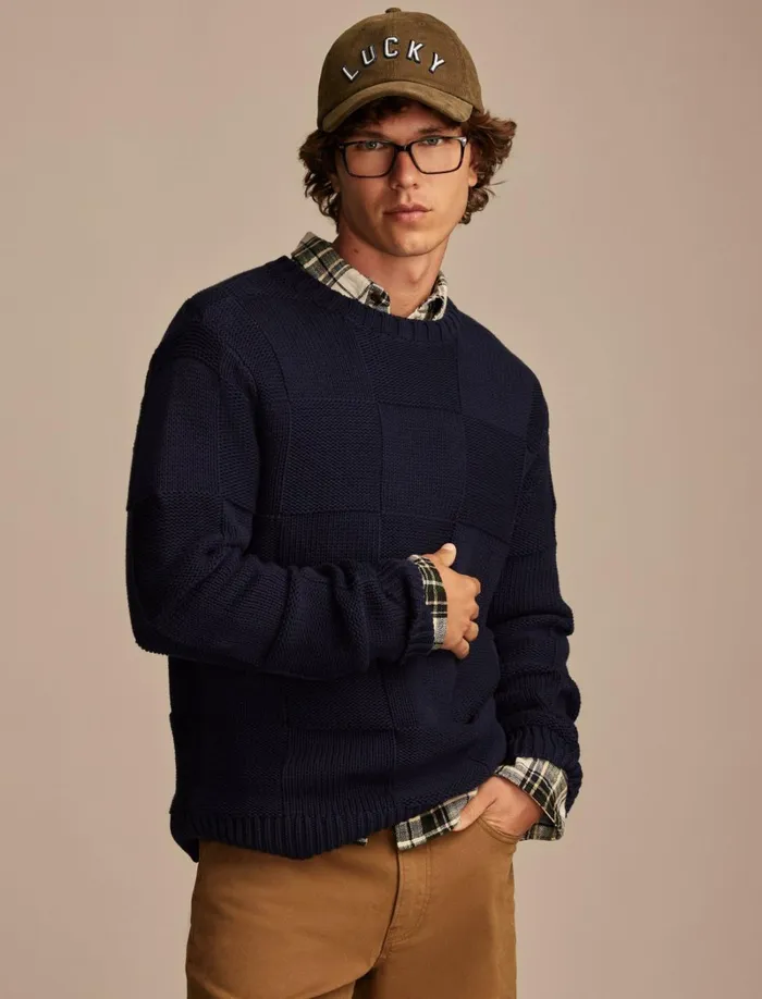 Lucky Brand Sweaters Men Check Stitch Crew Neck Sweater Ocean Deep