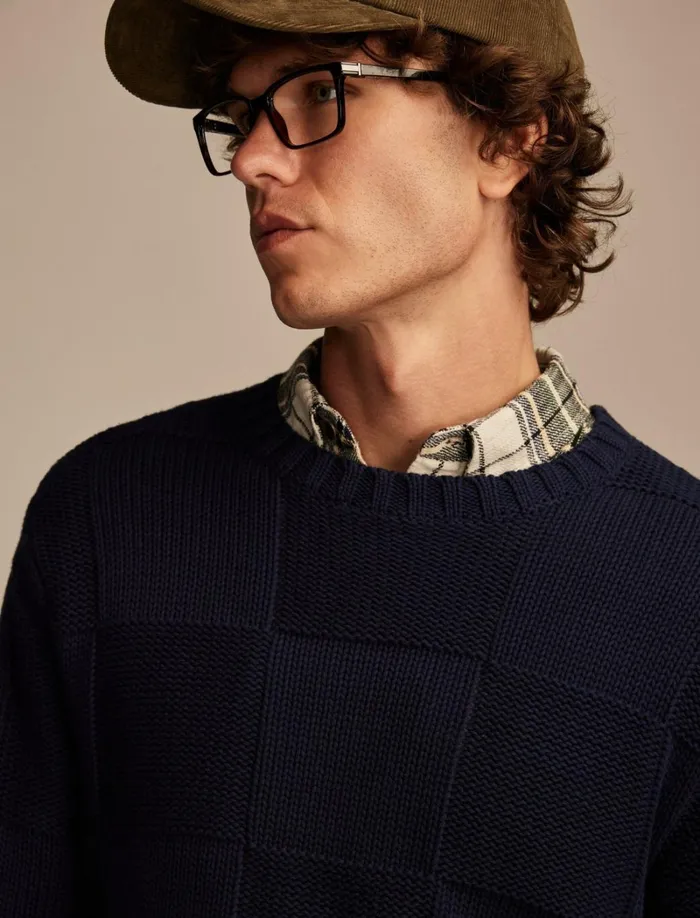Lucky Brand Sweaters Men Check Stitch Crew Neck Sweater Ocean Deep