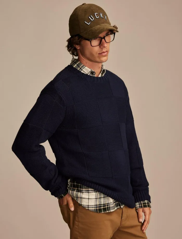 Lucky Brand Sweaters Men Check Stitch Crew Neck Sweater Ocean Deep