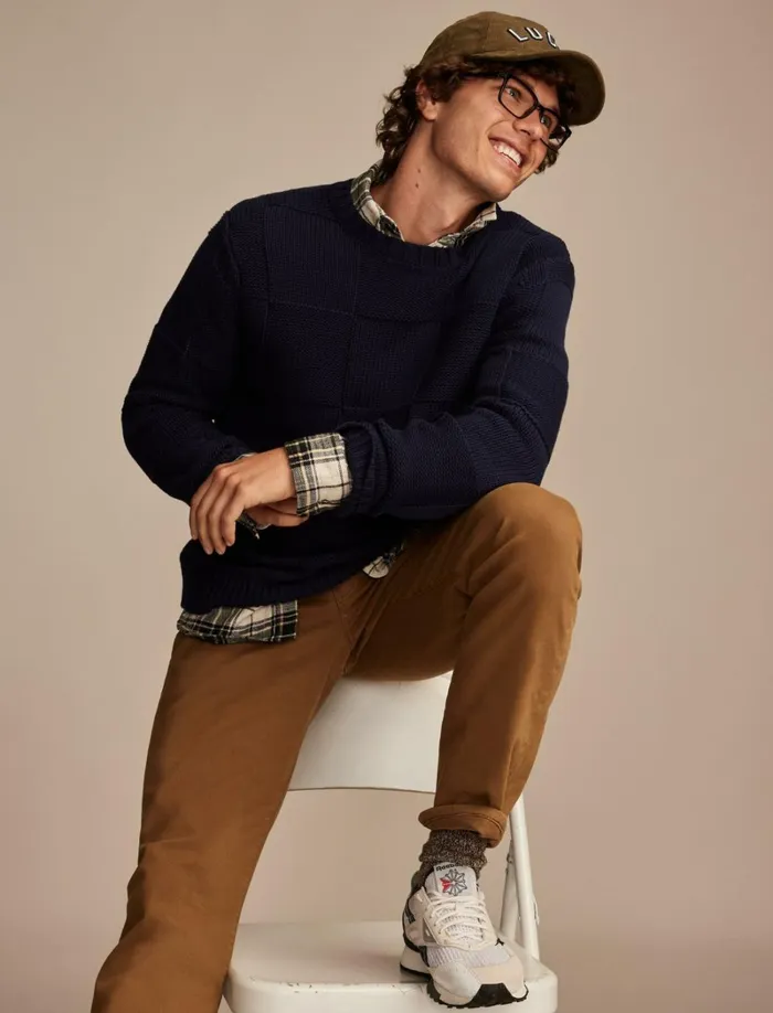 Lucky Brand Sweaters Men Check Stitch Crew Neck Sweater Ocean Deep