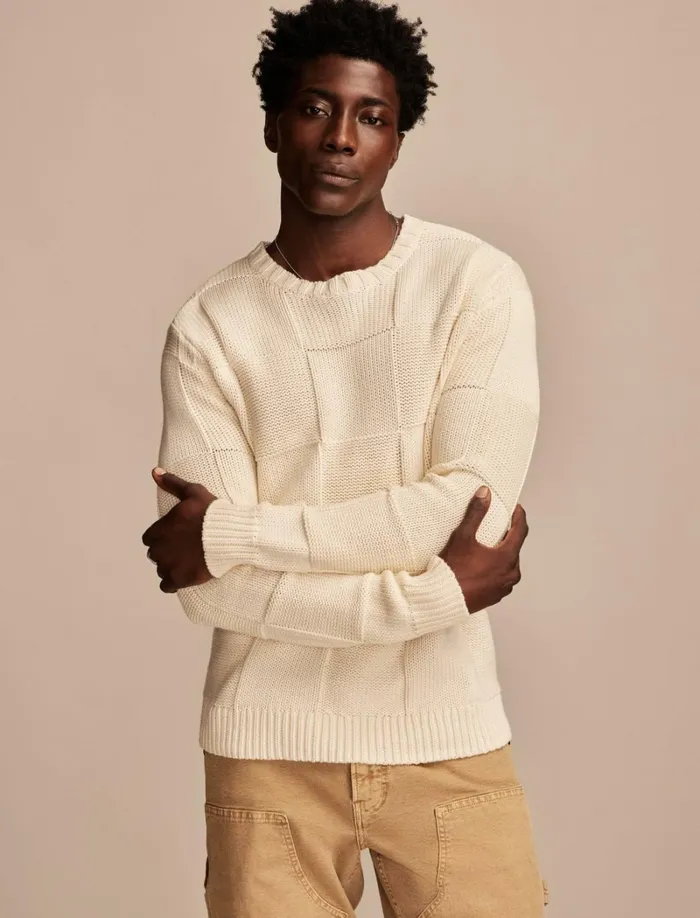 Lucky Brand Sweaters Men Check Stitch Crew Neck Sweater Tofu