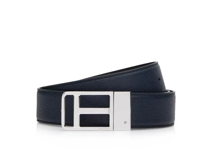 Men Belts Tom Ford Small Grain Leather Reversible Framed T Belt Midnight Blue Black