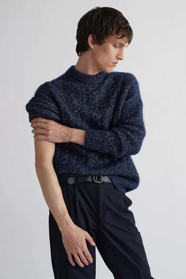 Men Ivar Cotton Alpaca Cable Sweater Dark Navy Norse Projects Knitwear