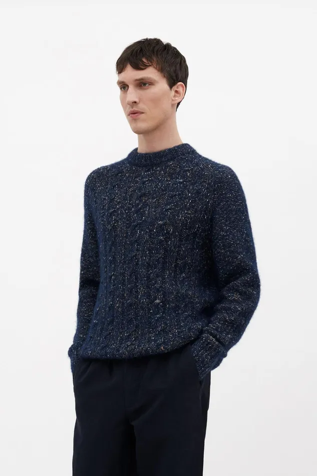 Men Ivar Cotton Alpaca Cable Sweater Dark Navy Norse Projects Knitwear