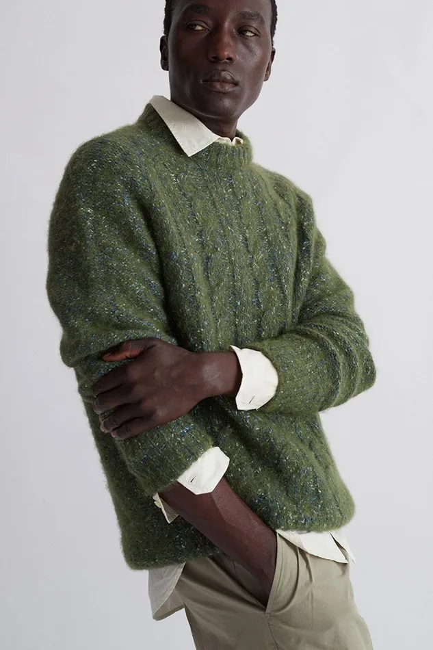 Men Ivar Cotton Alpaca Cable Sweater Spruce Green Norse Projects Knitwear