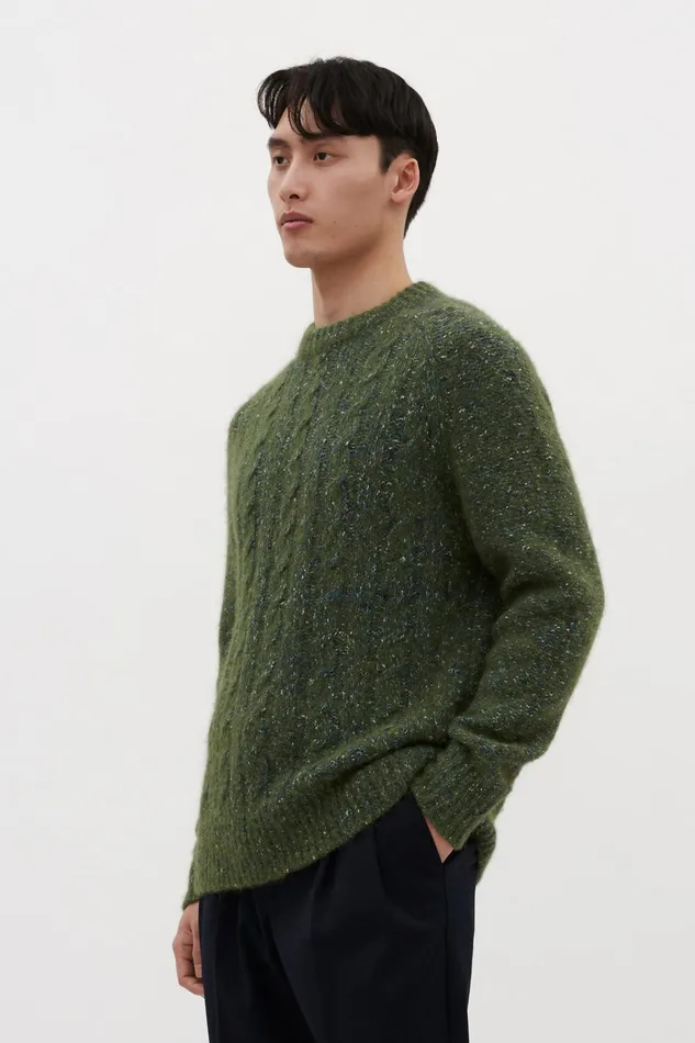 Men Ivar Cotton Alpaca Cable Sweater Spruce Green Norse Projects Knitwear