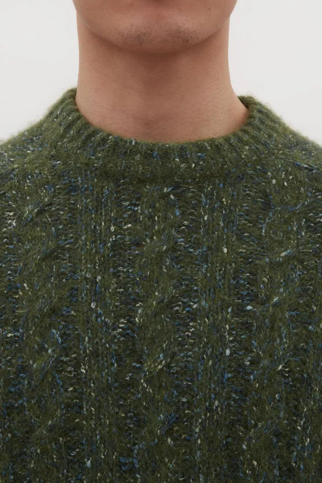 Men Ivar Cotton Alpaca Cable Sweater Spruce Green Norse Projects Knitwear