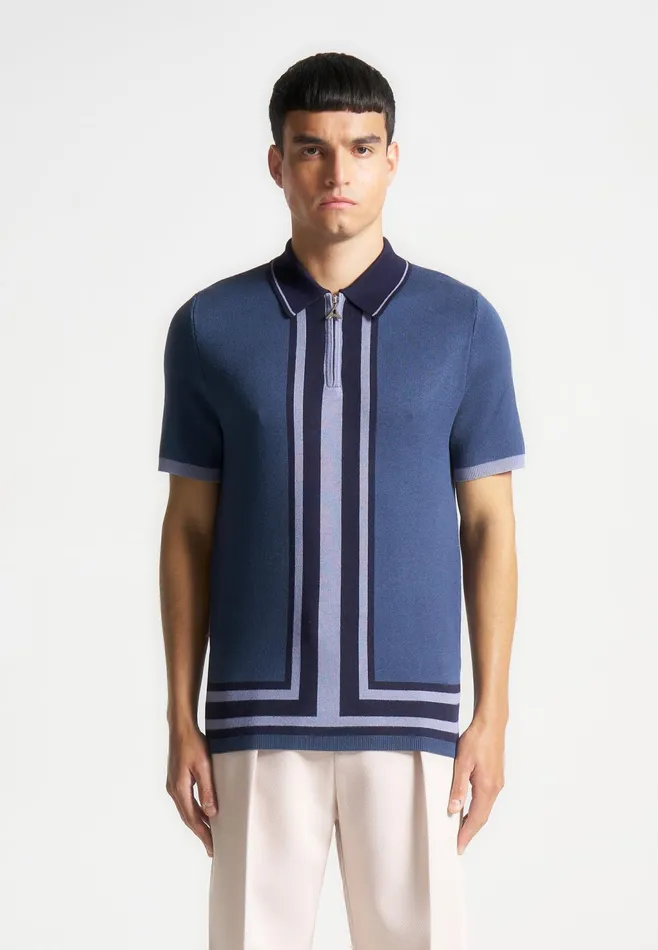 Men Manire De Voir Contrast Border Knit Zip Polo Shirt Blue