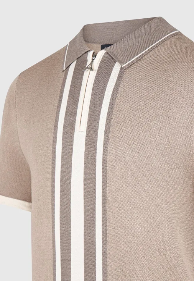 Men Manire De Voir Contrast Border Knit Zip Polo Shirt Taupe