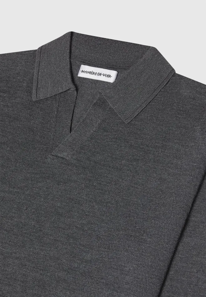 Men Manire De Voir Merino Wool Long Sleeve Revere Polo Shirt Grey
