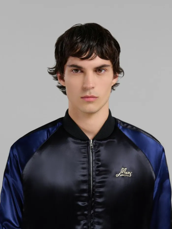 Men Marni Coats and Jackets Black Satin Bomber With Beaded Logos