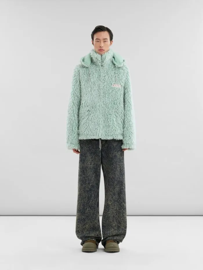 Men Marni Coats and Jackets Green Shaggy Jacket With Detachable Hood