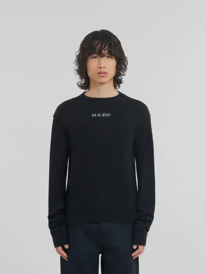 Men Marni Knitwear Black Wool And Cashmere Crewneck With Logo